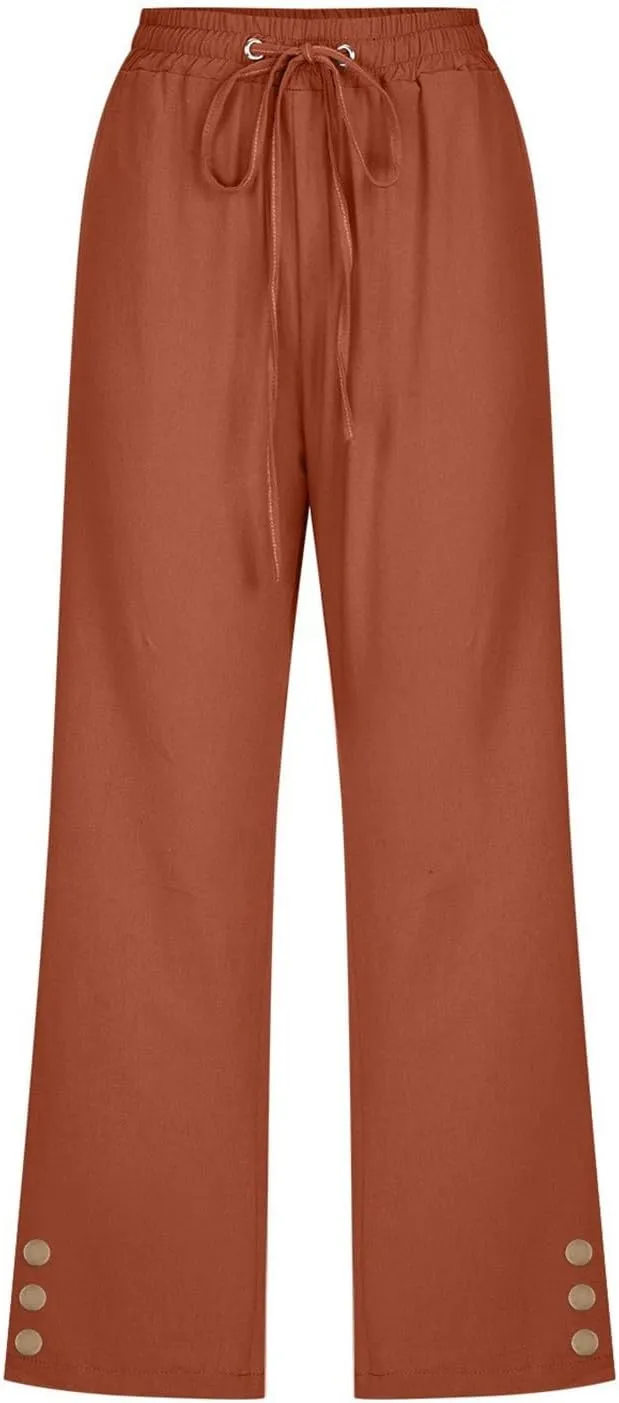 Linen Pants Cropped Pants Cotton Elastic Waist Straight Leg Trousers Casual Summer Beach Lounge Trousers