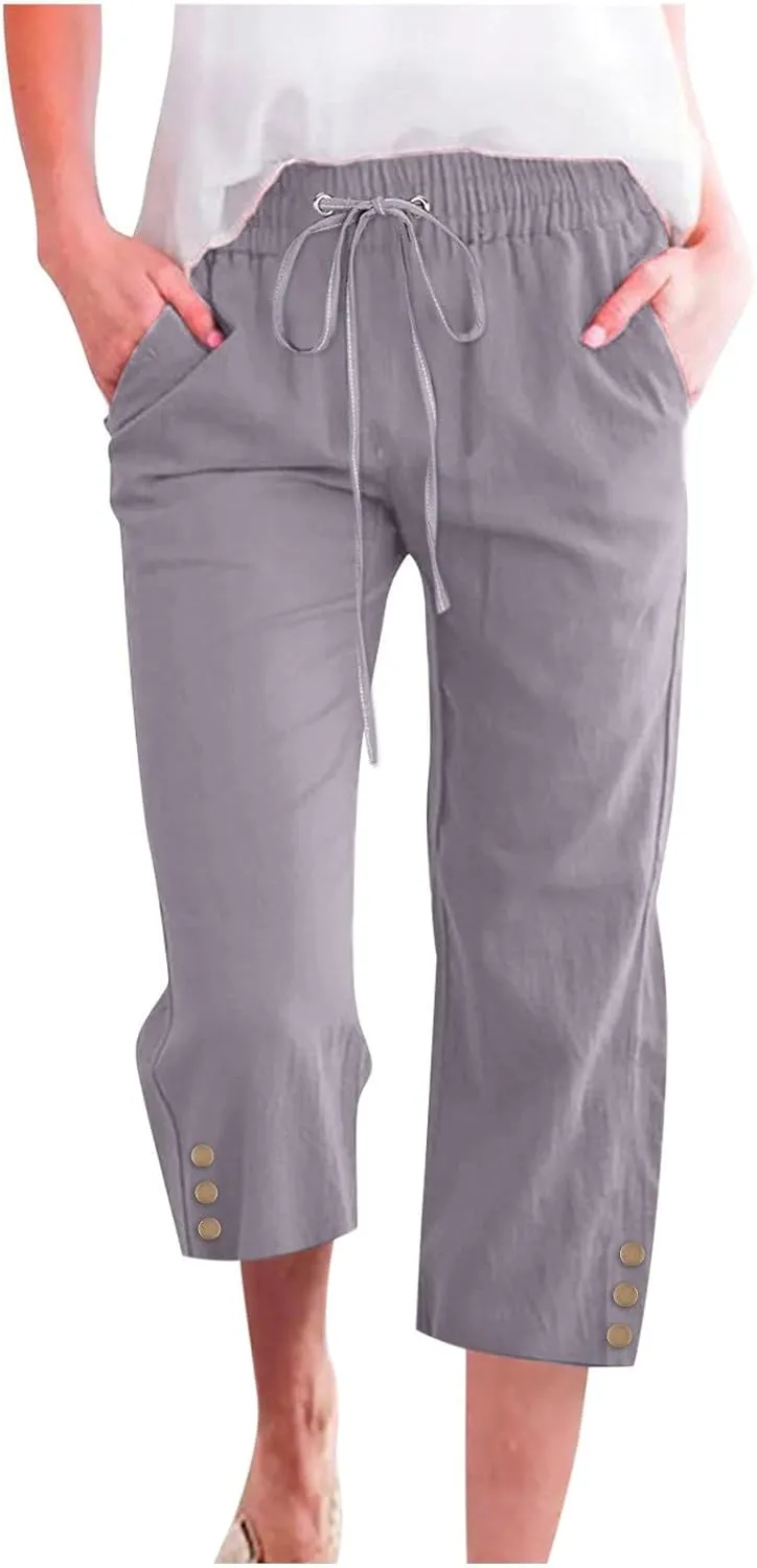 Linen Pants Cropped Pants Cotton Elastic Waist Straight Leg Trousers Casual Summer Beach Lounge Trousers