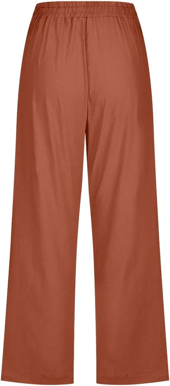Linen Pants Cropped Pants Cotton Elastic Waist Straight Leg Trousers Casual Summer Beach Lounge Trousers