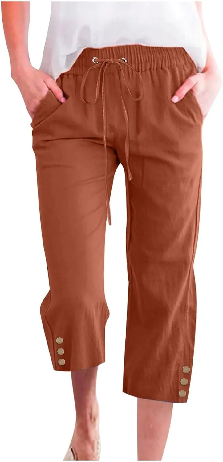 Linen Pants Cropped Pants Cotton Elastic Waist Straight Leg Trousers Casual Summer Beach Lounge Trousers