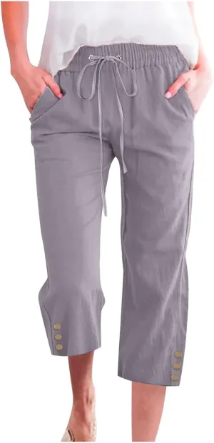 Linen Pants Cropped Pants Cotton Elastic Waist Straight Leg Trousers Casual Summer Beach Lounge Trousers