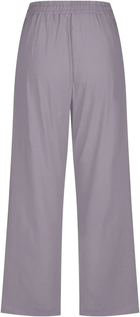 Linen Pants Cropped Pants Cotton Elastic Waist Straight Leg Trousers Casual Summer Beach Lounge Trousers