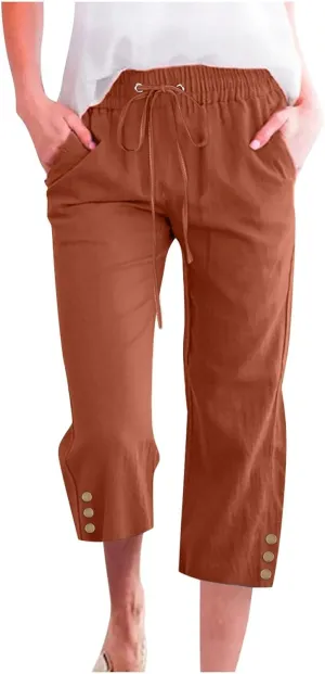 Linen Pants Cropped Pants Cotton Elastic Waist Straight Leg Trousers Casual Summer Beach Lounge Trousers