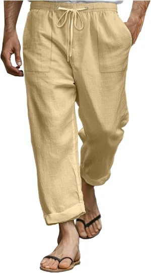 Linen Pants for Men Elastic Waist Lightweight Cotton Loose fit Pants with Pocket Casual Vacation Summer Trouser