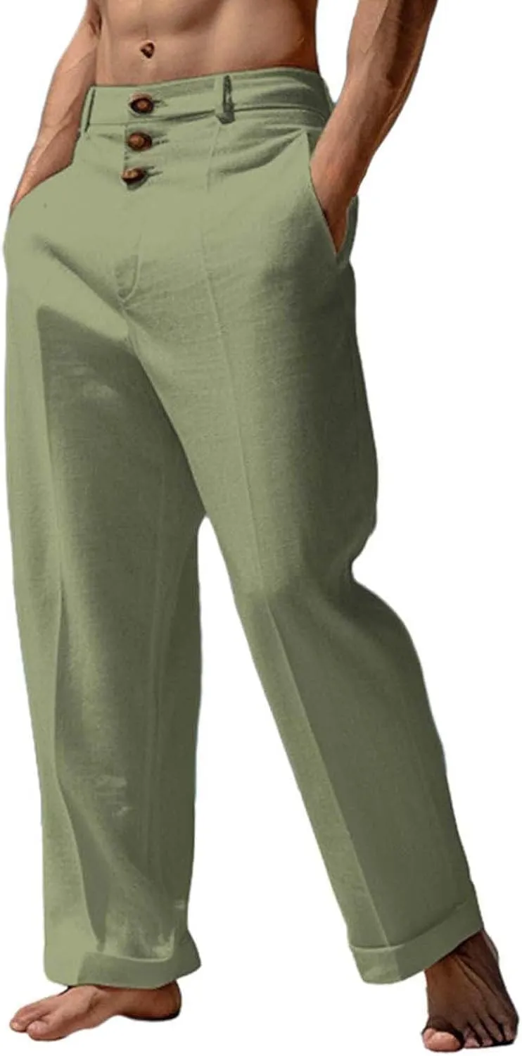 Linen Pants for Mens Casual Button Loose Summer Jogger Pant Cotton Linen Lightweight Solid Sweatpant Hipster Beach Trousers