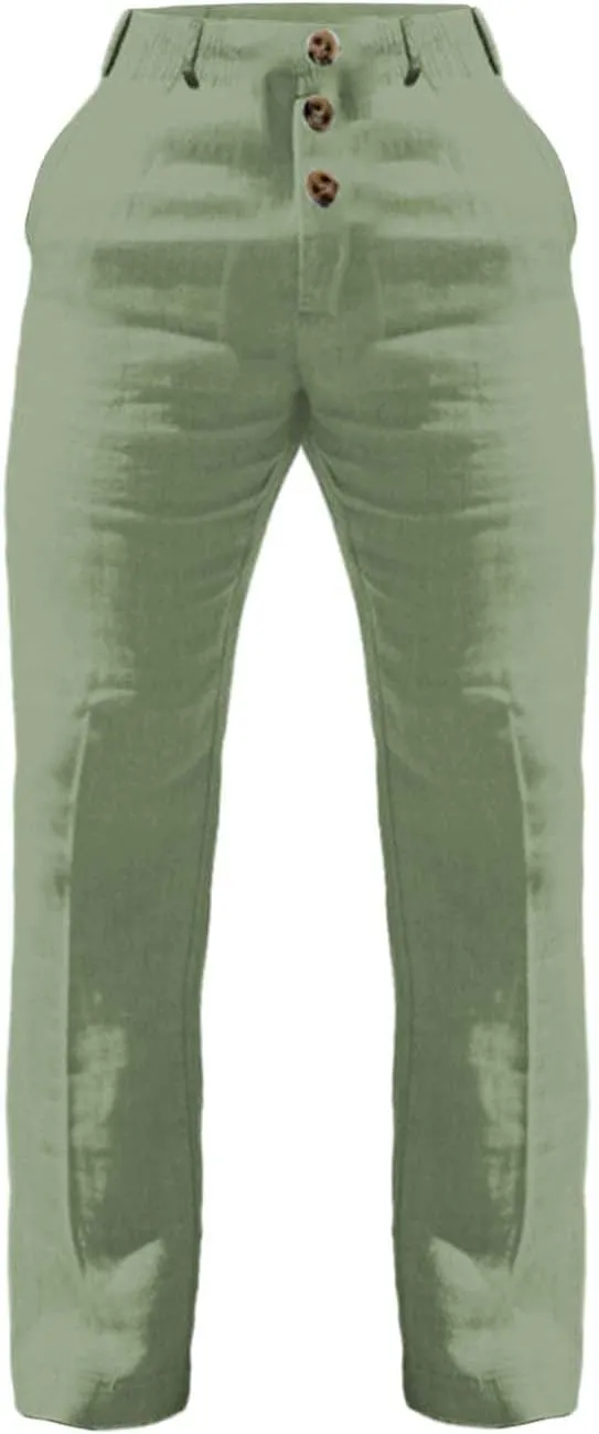 Linen Pants for Mens Casual Button Loose Summer Jogger Pant Cotton Linen Lightweight Solid Sweatpant Hipster Beach Trousers