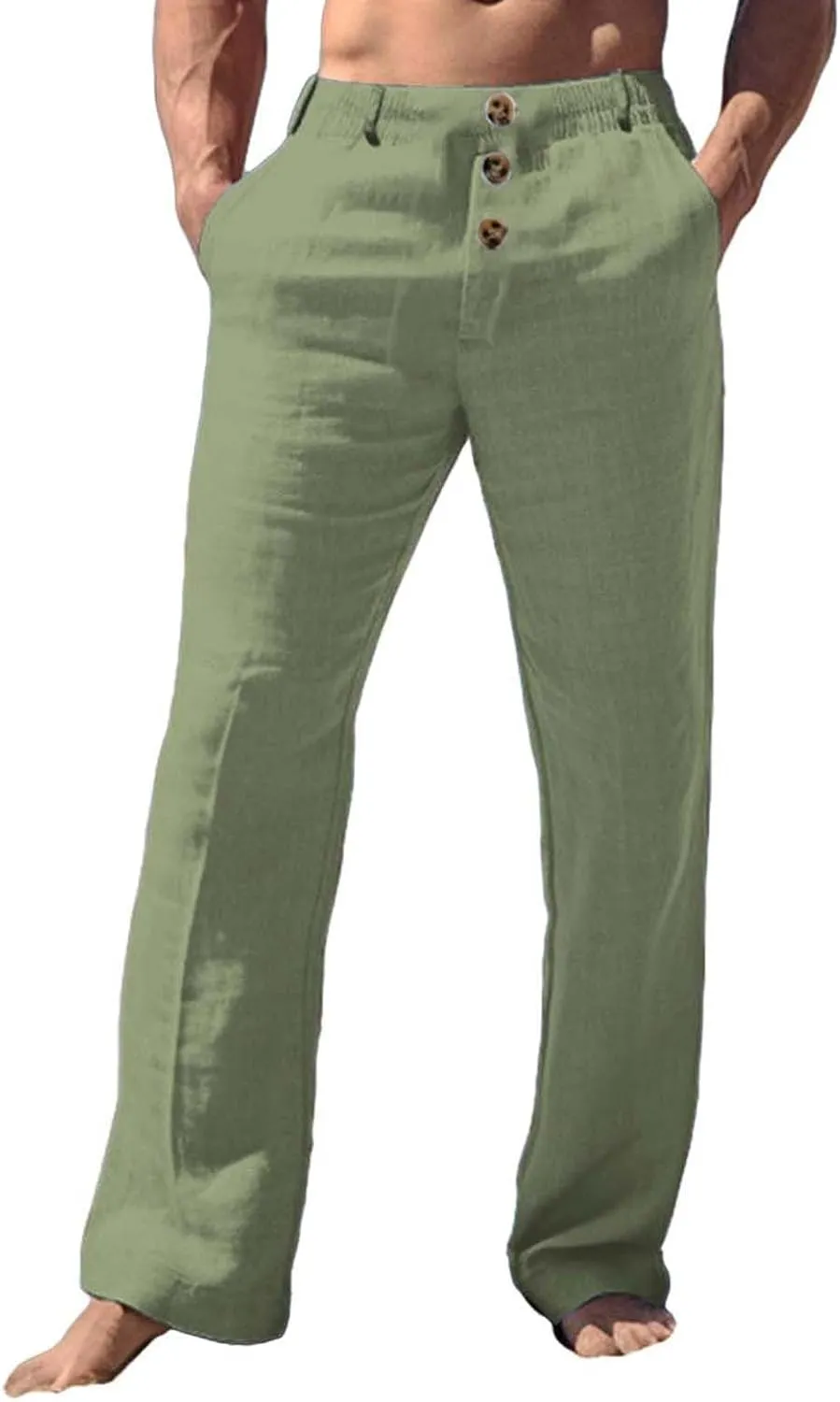 Linen Pants for Mens Casual Button Loose Summer Jogger Pant Cotton Linen Lightweight Solid Sweatpant Hipster Beach Trousers