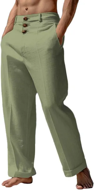Linen Pants for Mens Casual Button Loose Summer Jogger Pant Cotton Linen Lightweight Solid Sweatpant Hipster Beach Trousers
