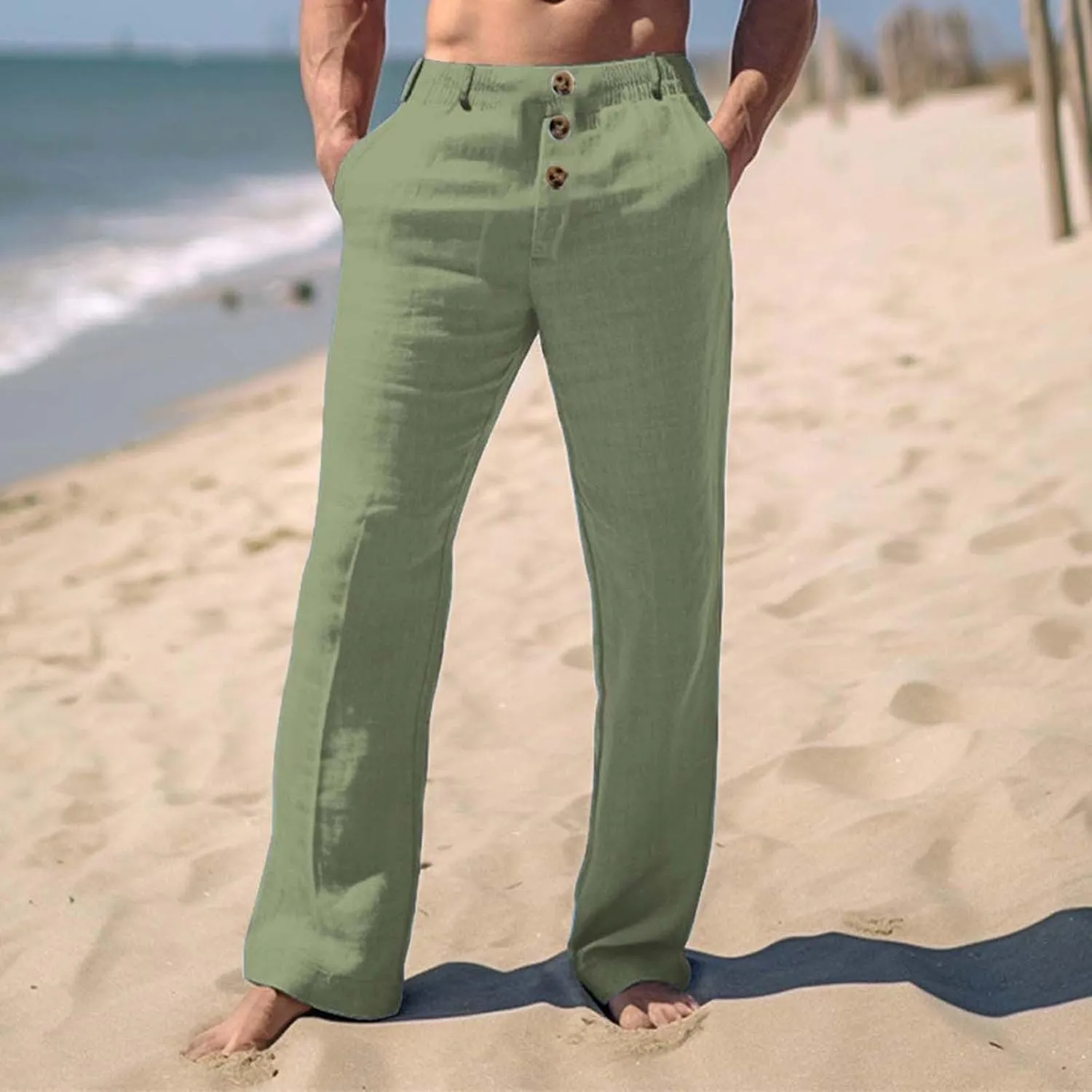 Linen Pants for Mens Casual Button Loose Summer Jogger Pant Cotton Linen Lightweight Solid Sweatpant Hipster Beach Trousers