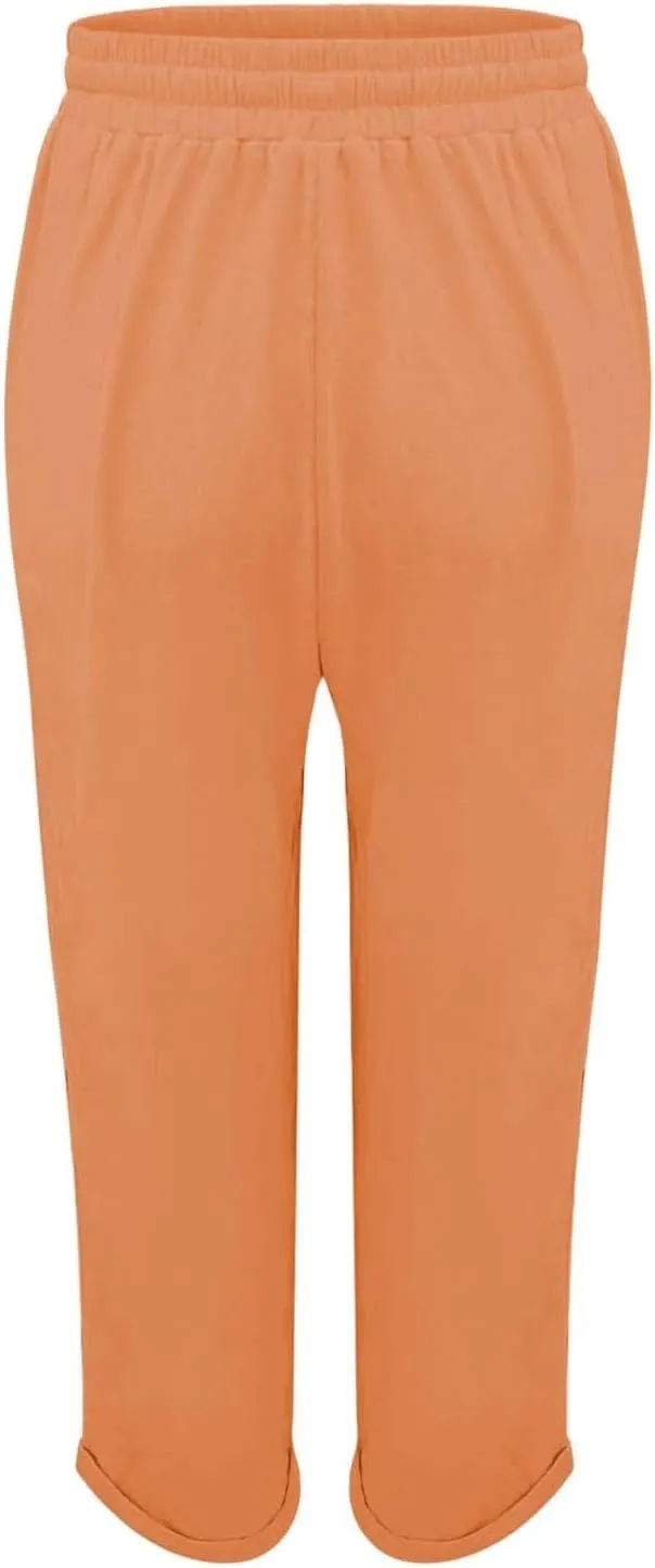 Linen Pants for Women Baggy Wide Leg Pants Elastic Waist Straight Leg Casual Cotton Linen Pants Summer Outfits Lounge Sets