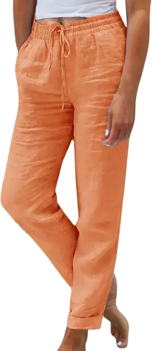Linen Pants for Women Baggy Wide Leg Pants Elastic Waist Straight Leg Casual Cotton Linen Pants Summer Outfits Lounge Sets