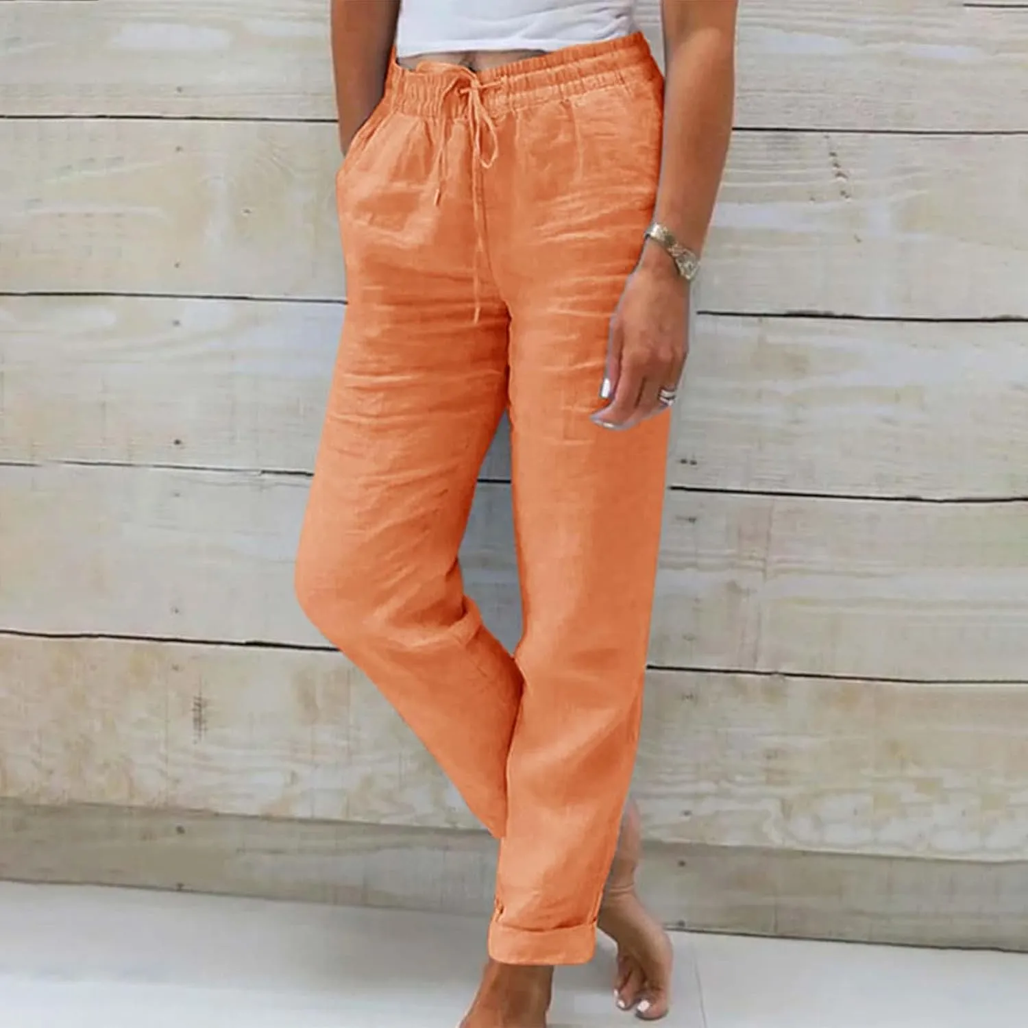 Linen Pants for Women Baggy Wide Leg Pants Elastic Waist Straight Leg Casual Cotton Linen Pants Summer Outfits Lounge Sets