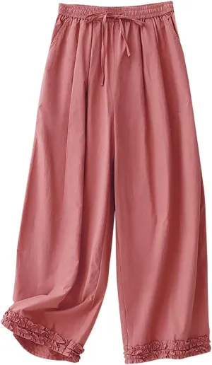 Linen Pants for Women Dressy Baggy Comfy Wide Leg Pants Summer High Waist Drawstring Lounge Trousers with Pockets 2025