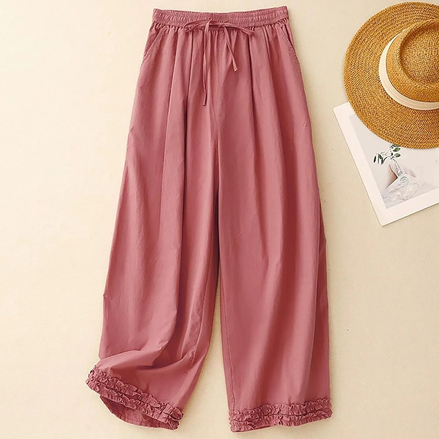 Linen Pants for Women Dressy Baggy Comfy Wide Leg Pants Summer High Waist Drawstring Lounge Trousers with Pockets 2025