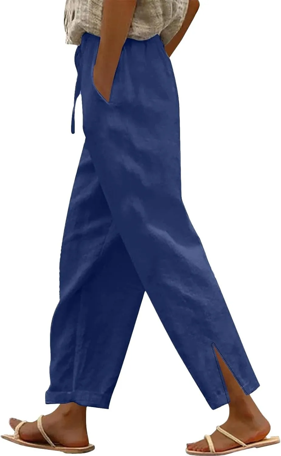 Linen Pants for Women High Waisted Elastic Drawstring Beach Pants Casual Loose Wide Leg Trousers with Pockets