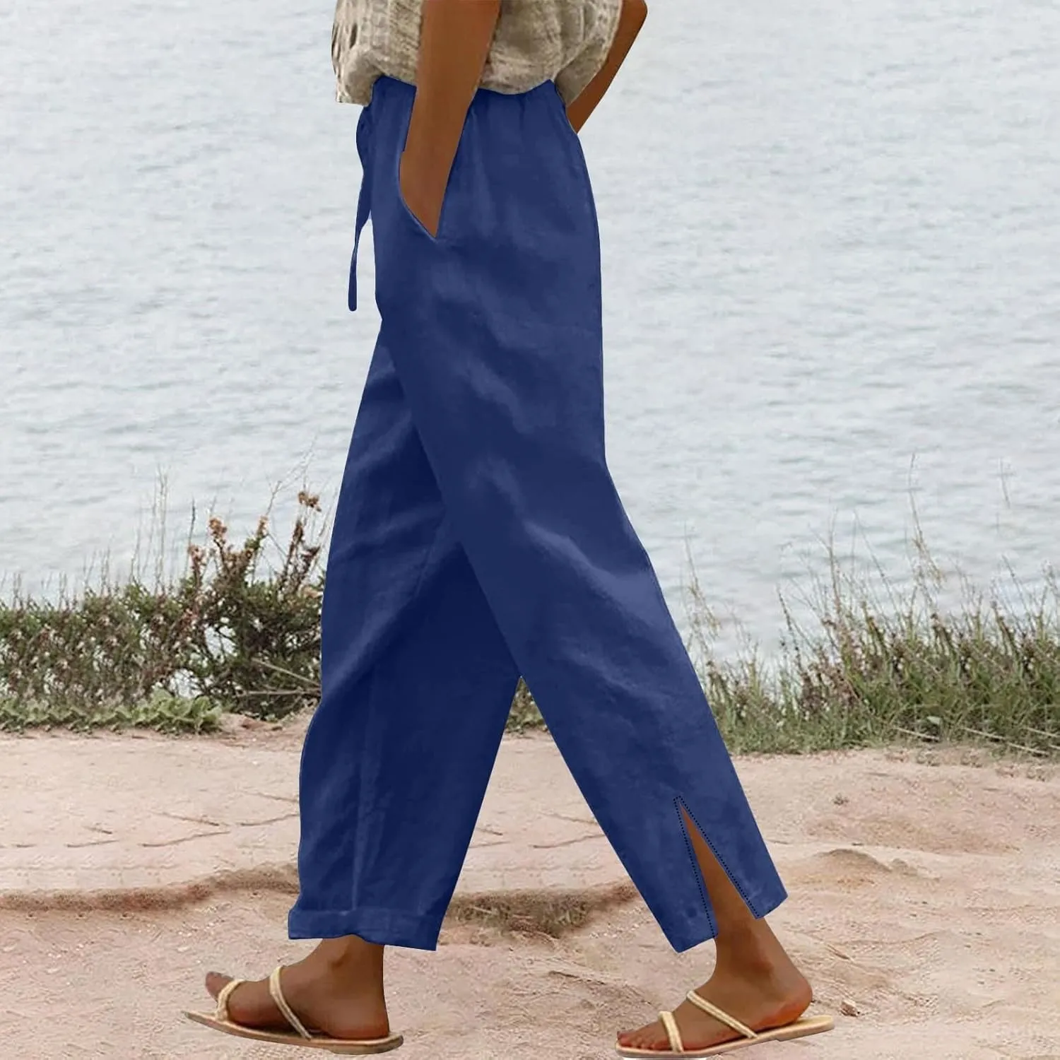 Linen Pants for Women High Waisted Elastic Drawstring Beach Pants Casual Loose Wide Leg Trousers with Pockets