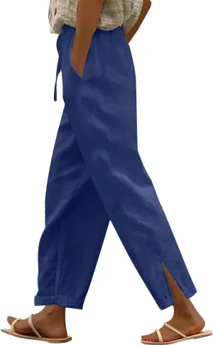 Linen Pants for Women High Waisted Elastic Drawstring Beach Pants Casual Loose Wide Leg Trousers with Pockets