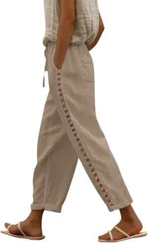 Linen Pants for Women, Peasant Pants Straight Leg Casual Linen Stripe Comfy