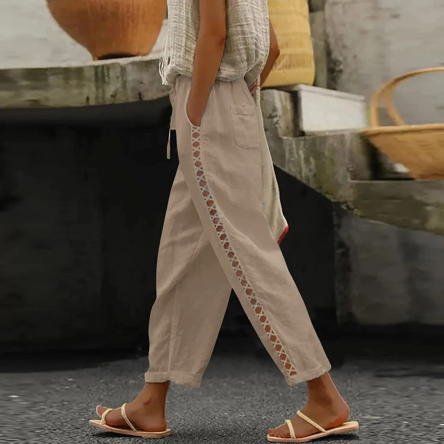 Linen Pants for Women, Peasant Pants Straight Leg Casual Linen Stripe Comfy