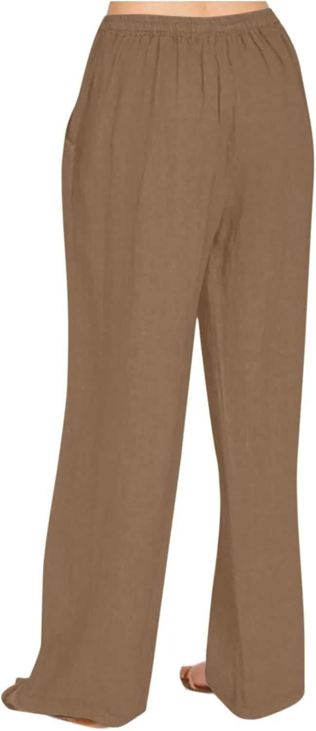 Linen Pants for Women Plus Size Dressy High Waist Wide Leg Pants Summer Comfy Lounge Palazzo Trousers with Pockets 2025