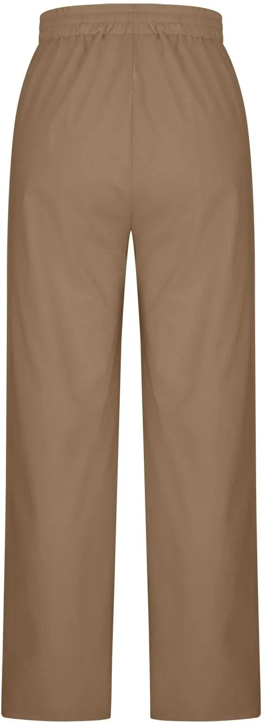 Linen Pants for Women Plus Size Dressy High Waist Wide Leg Pants Summer Comfy Lounge Palazzo Trousers with Pockets 2025