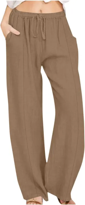Linen Pants for Women Plus Size Dressy High Waist Wide Leg Pants Summer Comfy Lounge Palazzo Trousers with Pockets 2025