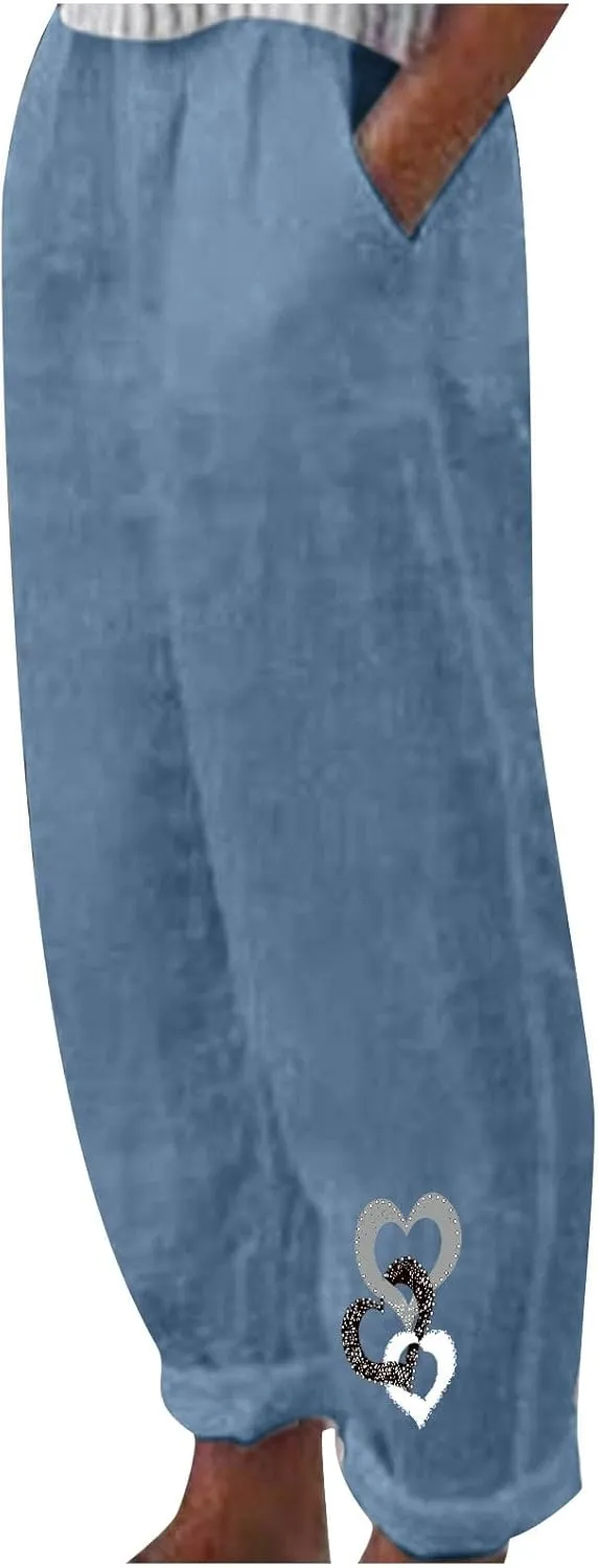 Linen Pants for Women, Summer Boho Elastic Waist Palazzo Trousers, Casual Loose Fit Travel Vacation Beach Pants