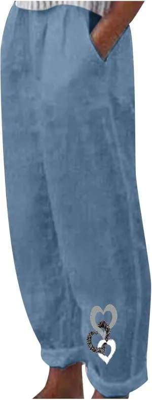 Linen Pants for Women, Summer Boho Elastic Waist Palazzo Trousers, Casual Loose Fit Travel Vacation Beach Pants