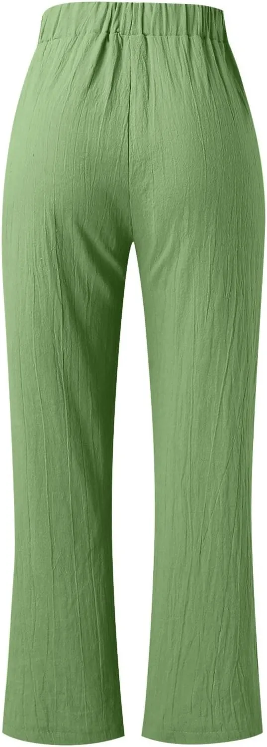 Linen Pants for Women Summer Elastic Waist Belt Palazzo Pants Loose Fit Casual Beach Long Trousers with Pockets