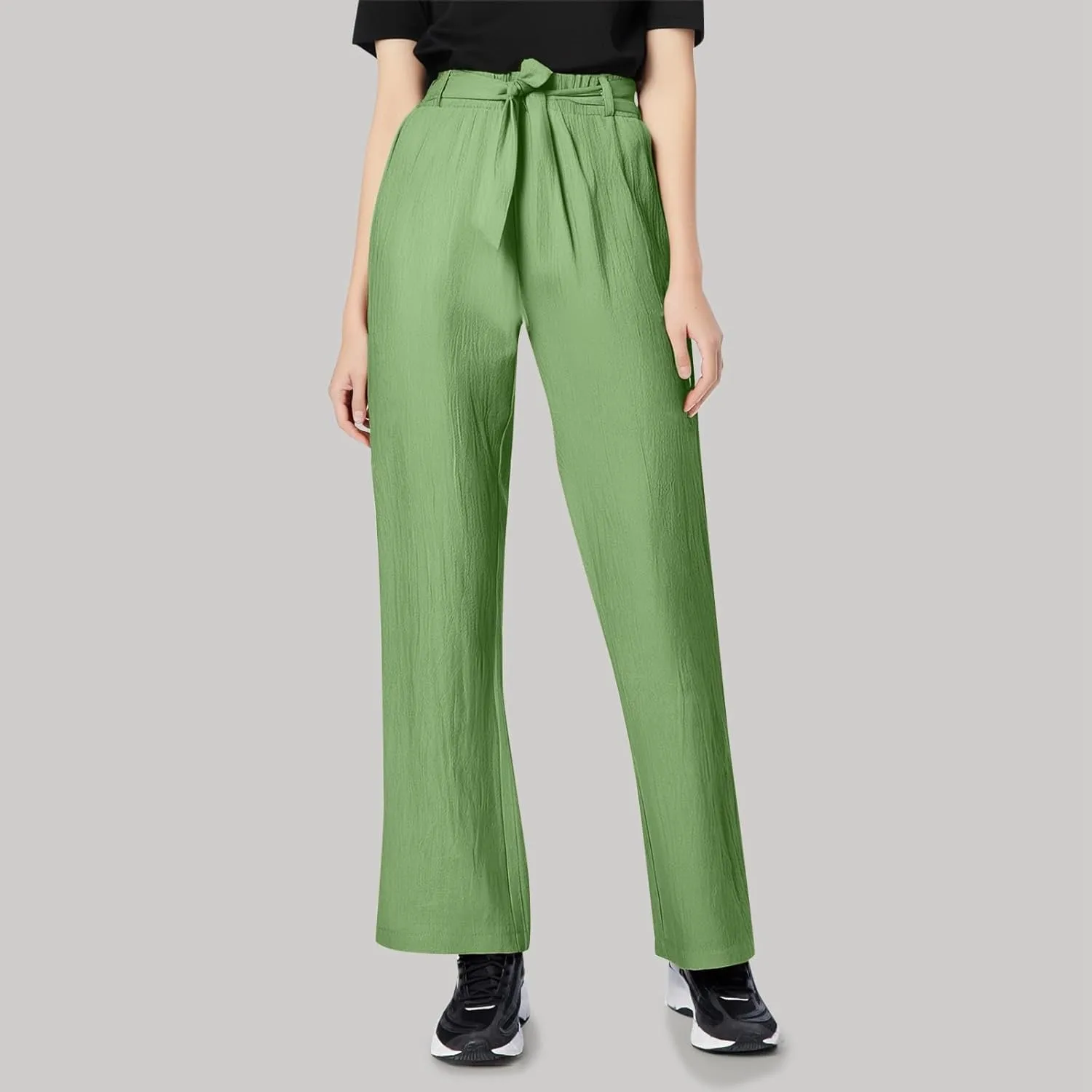Linen Pants for Women Summer Elastic Waist Belt Palazzo Pants Loose Fit Casual Beach Long Trousers with Pockets