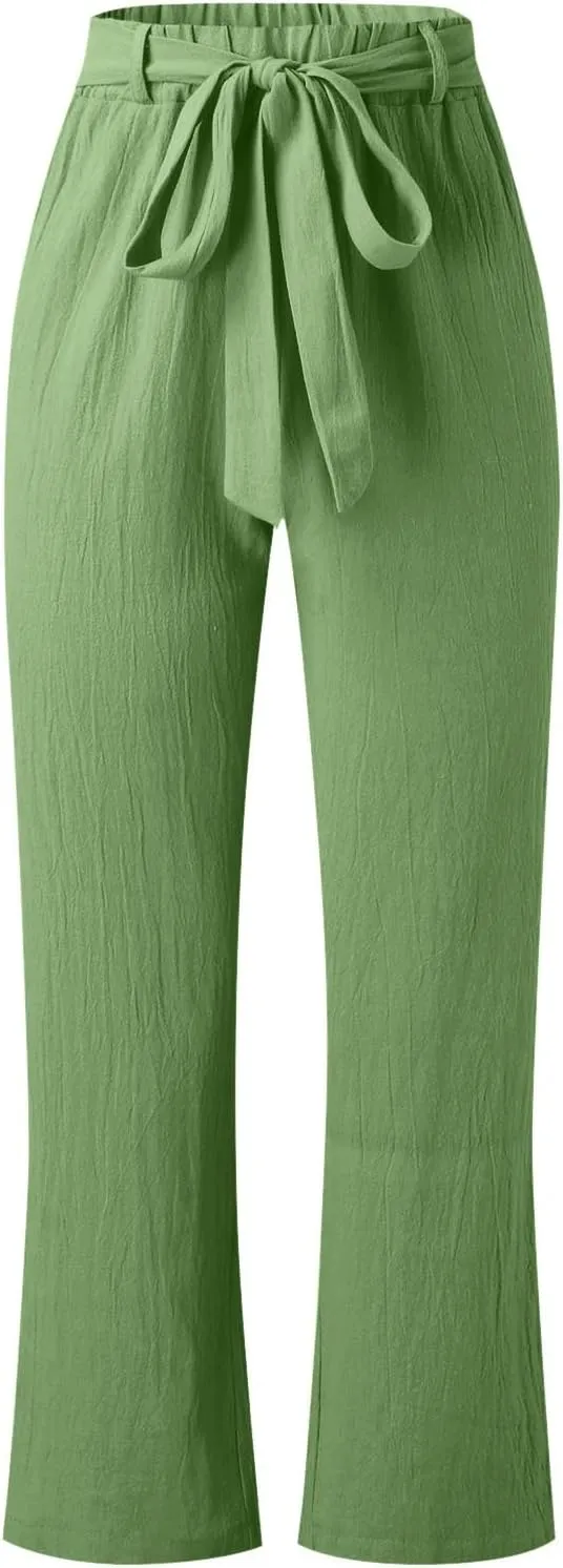 Linen Pants for Women Summer Elastic Waist Belt Palazzo Pants Loose Fit Casual Beach Long Trousers with Pockets