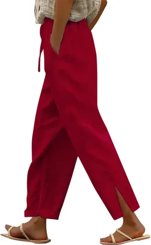 Linen Pants for Women Summer High Waist Elastic Gauze Pant Lightweight Comfy Lounge Straight Leg Pant Trousers