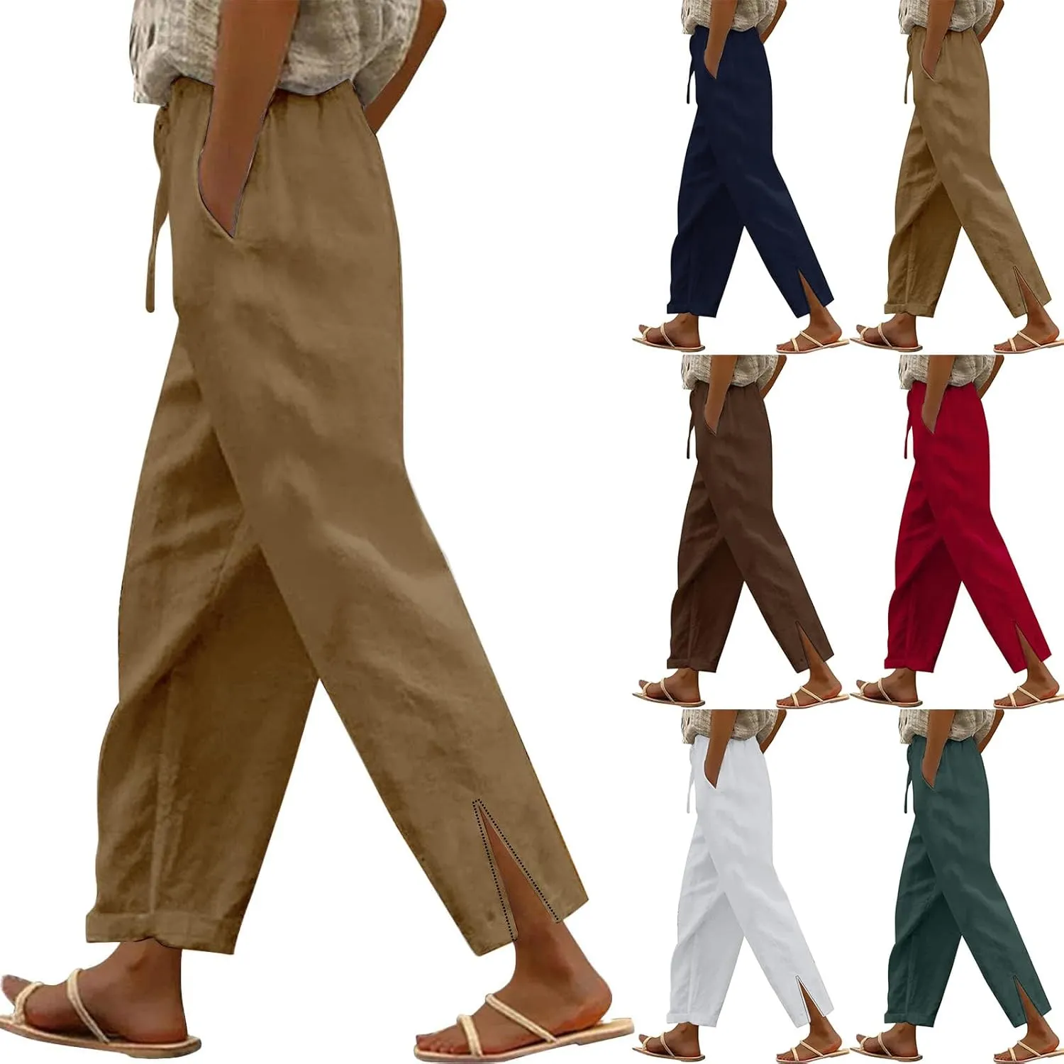 Linen Pants for Women Summer High Waist Elastic Gauze Pant Lightweight Comfy Lounge Straight Leg Pant Trousers