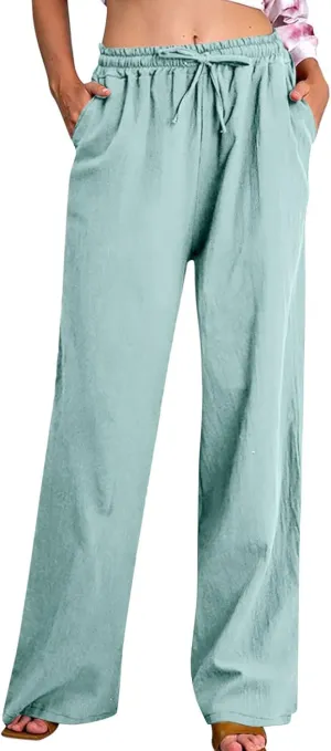 Linen Pants for Women Summer Wide Leg Casual Beach Trousers High Waisted Drawstring Palazzo Lounge Pants with Pockets