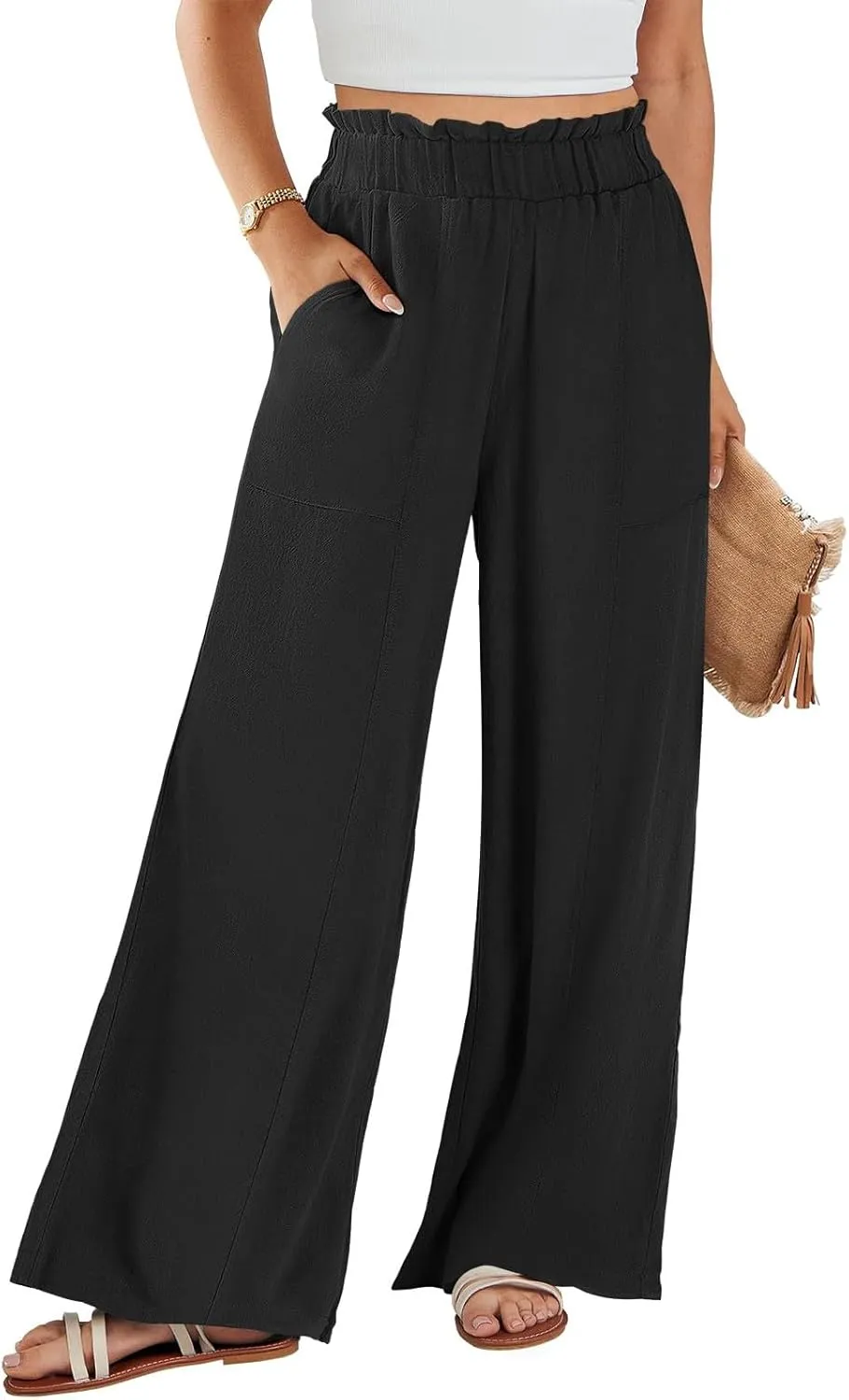 Linen Pants for Women Trendy Casual Ruffle High Waist Trousers with Pockets Wide Leg Beach Palazzo Pants Slacks