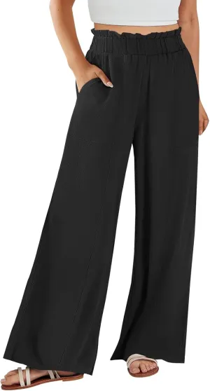 Linen Pants for Women Trendy Casual Ruffle High Waist Trousers with Pockets Wide Leg Beach Palazzo Pants Slacks