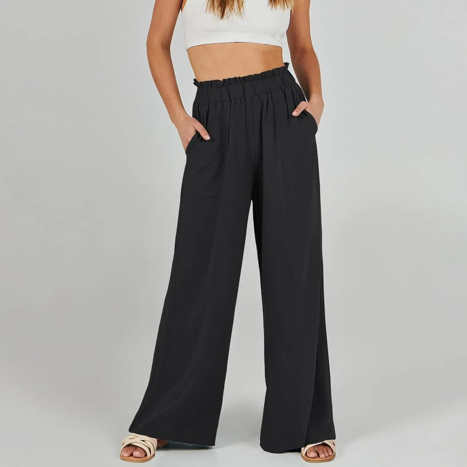 Linen Pants for Women Trendy Casual Ruffle High Waist Trousers with Pockets Wide Leg Beach Palazzo Pants Slacks