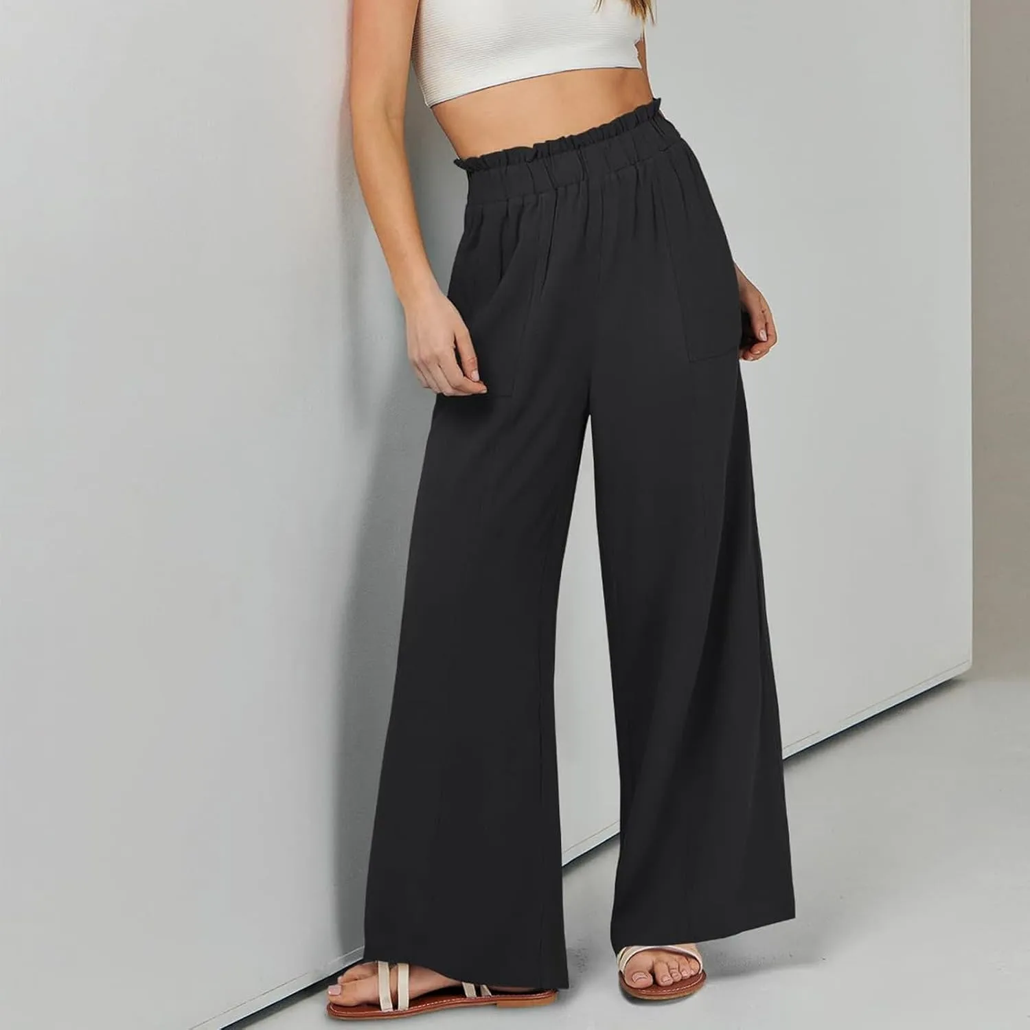 Linen Pants for Women Trendy Casual Ruffle High Waist Trousers with Pockets Wide Leg Beach Palazzo Pants Slacks