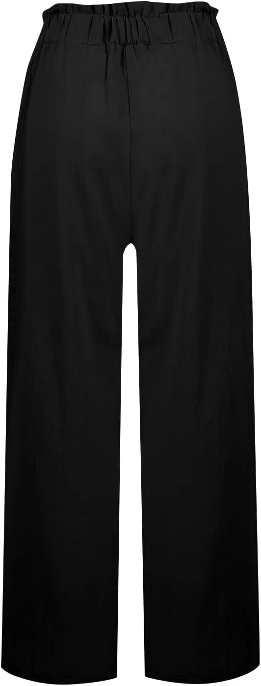 Linen Pants for Women Trendy Casual Ruffle High Waist Trousers with Pockets Wide Leg Beach Palazzo Pants Slacks