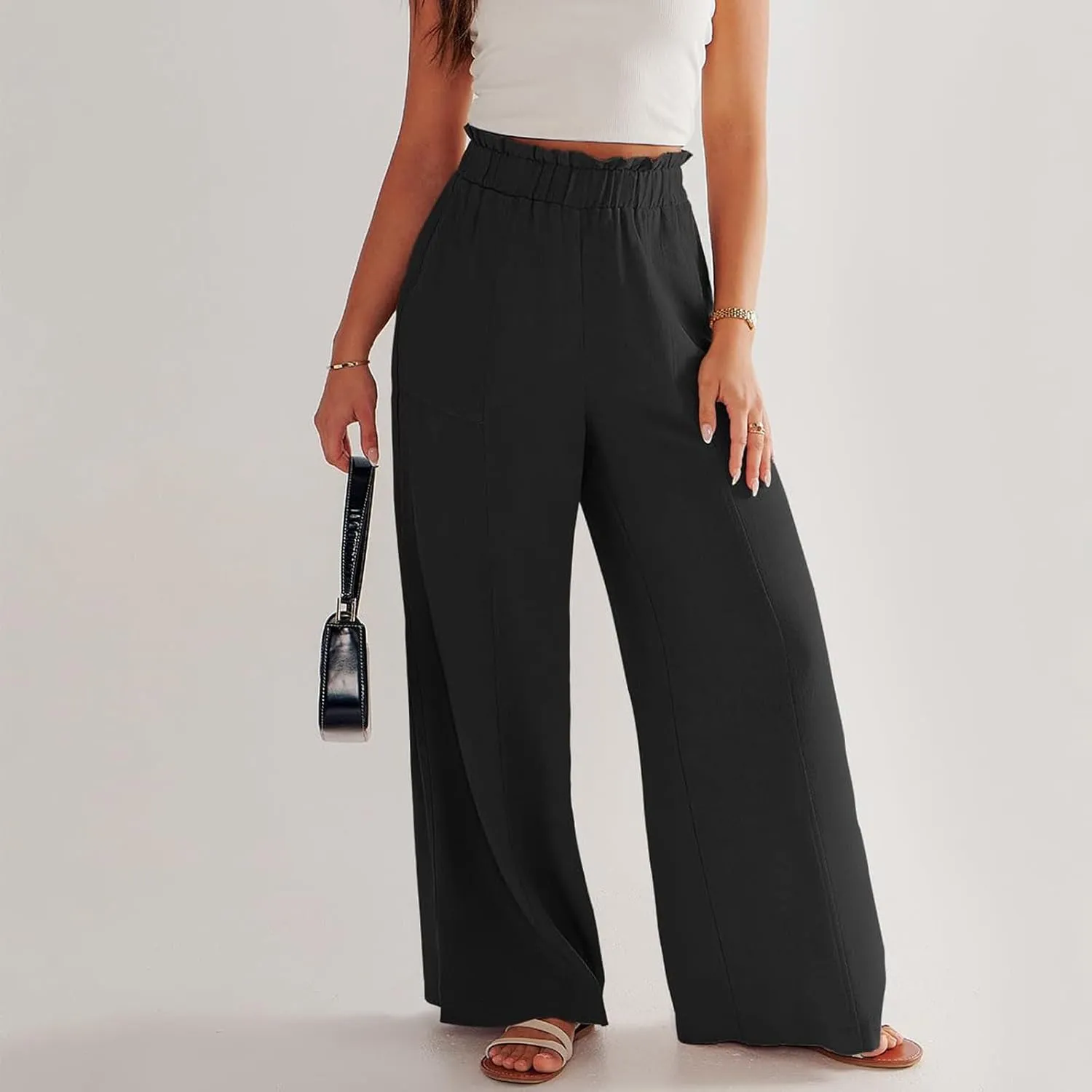 Linen Pants for Women Trendy Casual Ruffle High Waist Trousers with Pockets Wide Leg Beach Palazzo Pants Slacks