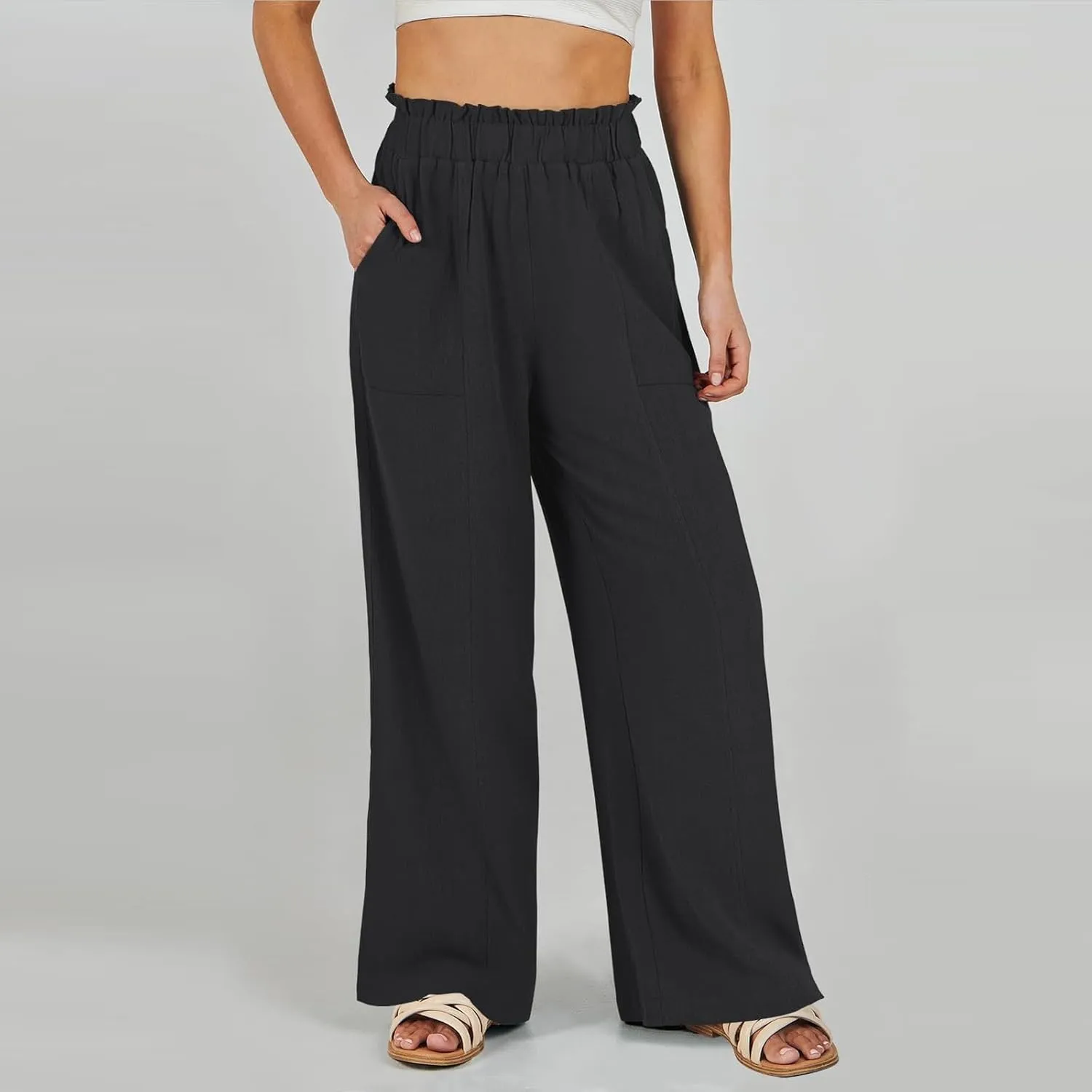 Linen Pants for Women Trendy Casual Ruffle High Waist Trousers with Pockets Wide Leg Beach Palazzo Pants Slacks