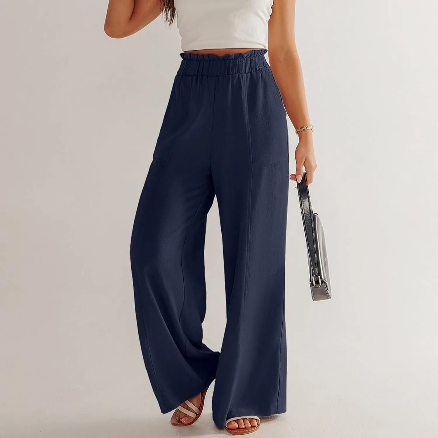 Linen Pants for Women Trendy Casual Trousers with Pockets Wide Leg Beach Palazzo Pants Ruffle High Waist Slacks