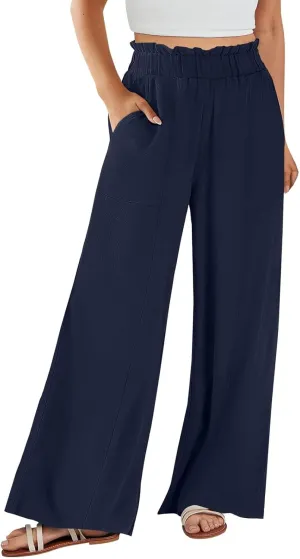 Linen Pants for Women Trendy Casual Trousers with Pockets Wide Leg Beach Palazzo Pants Ruffle High Waist Slacks