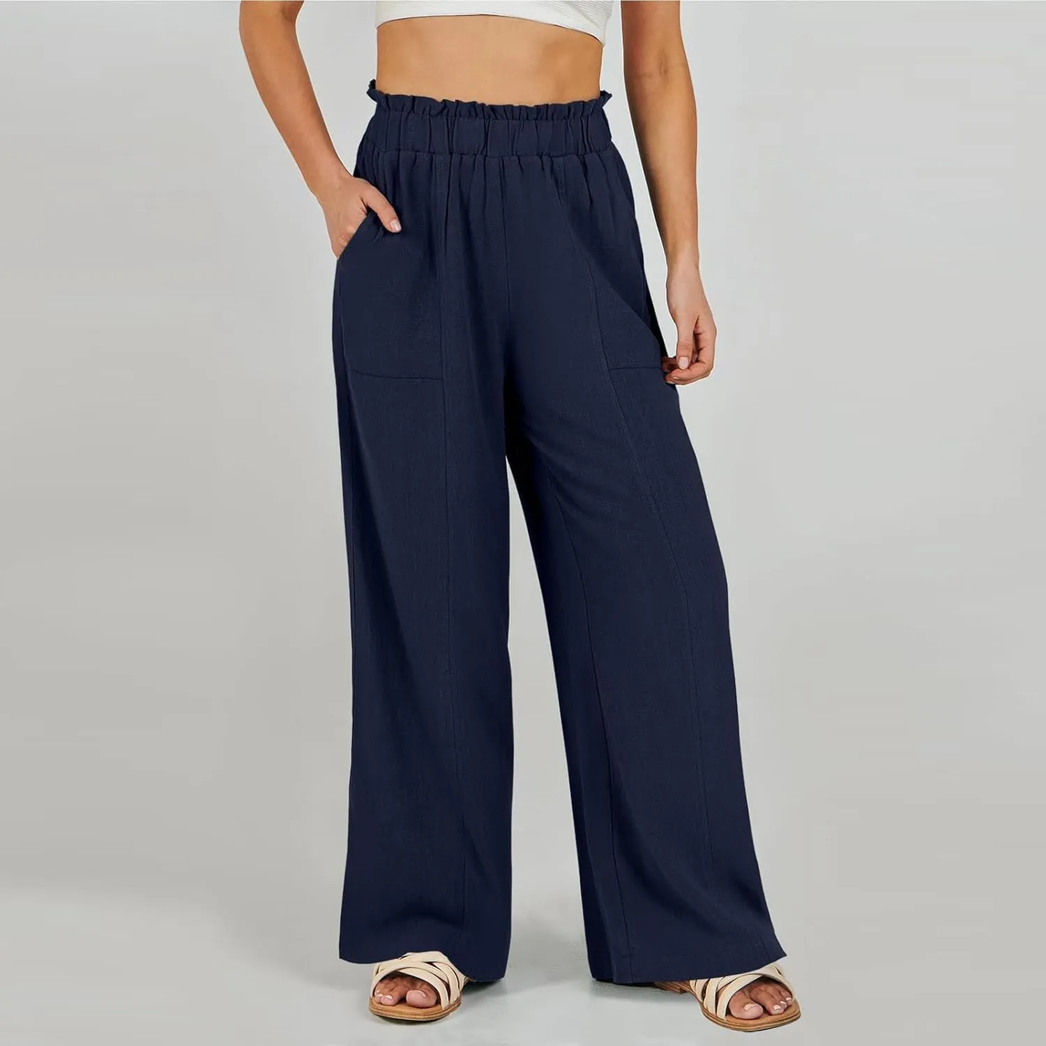 Linen Pants for Women Trendy Casual Trousers with Pockets Wide Leg Beach Palazzo Pants Ruffle High Waist Slacks