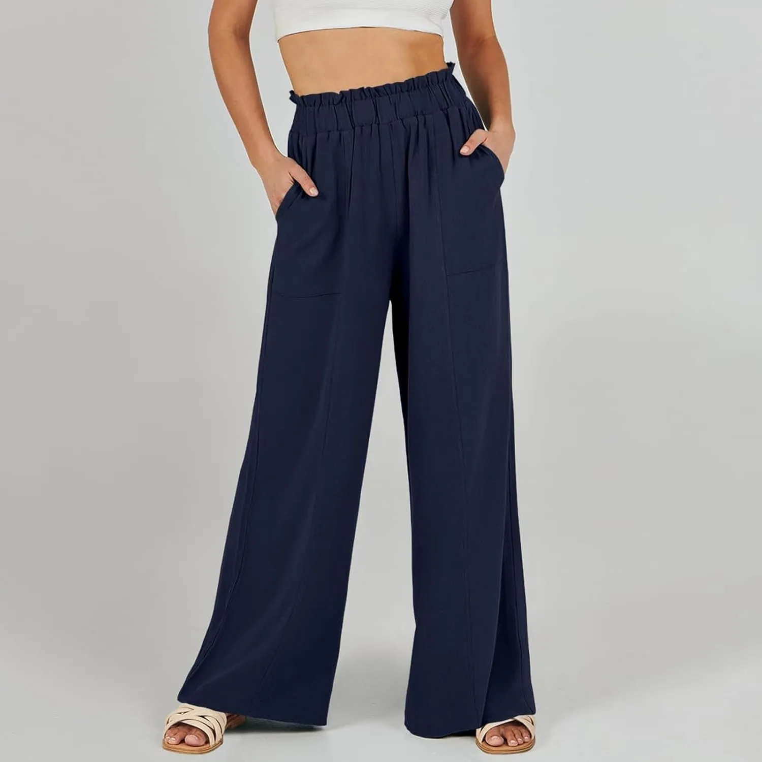 Linen Pants for Women Trendy Casual Trousers with Pockets Wide Leg Beach Palazzo Pants Ruffle High Waist Slacks