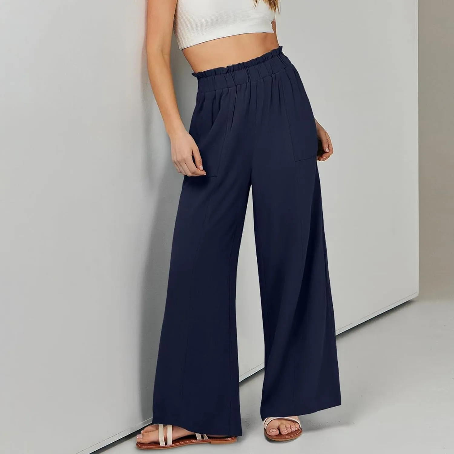 Linen Pants for Women Trendy Casual Trousers with Pockets Wide Leg Beach Palazzo Pants Ruffle High Waist Slacks
