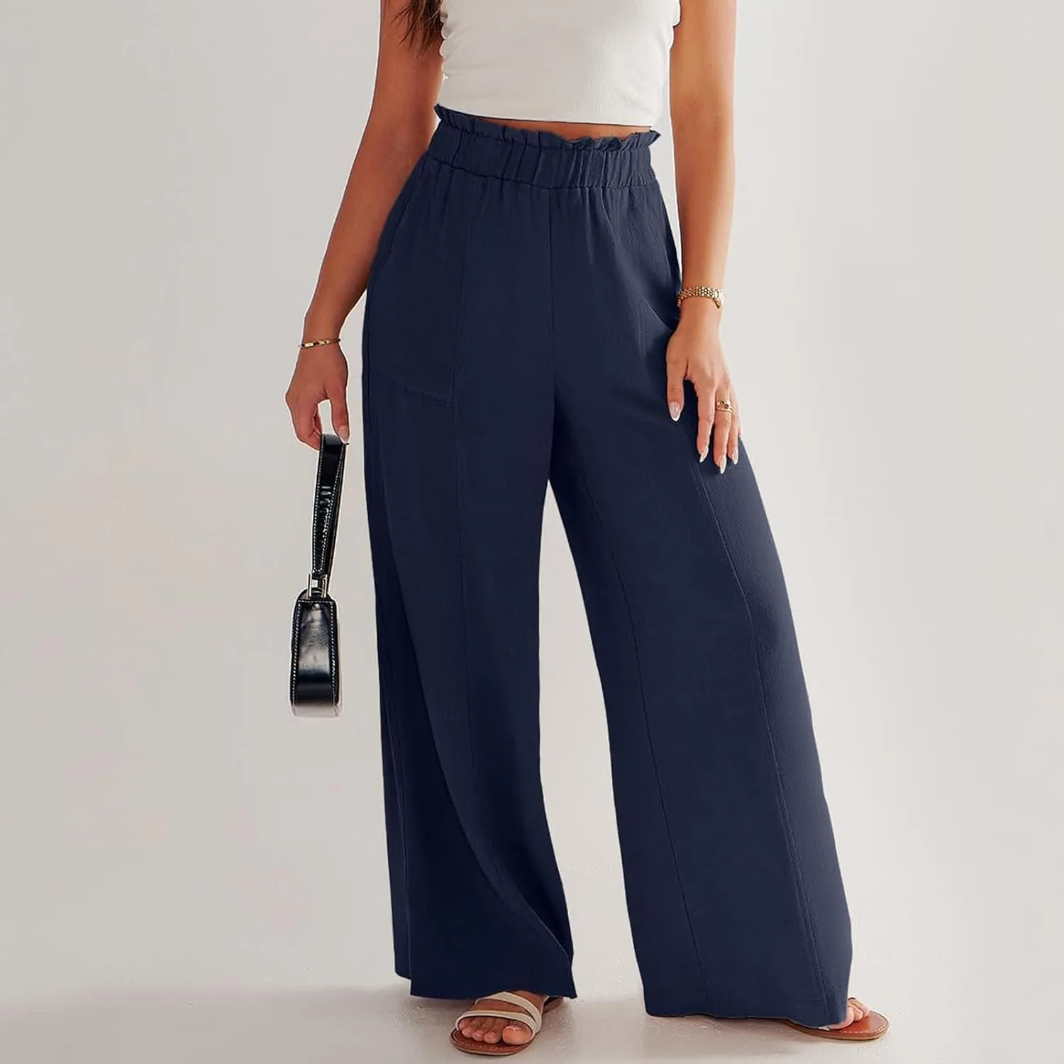 Linen Pants for Women Trendy Casual Trousers with Pockets Wide Leg Beach Palazzo Pants Ruffle High Waist Slacks