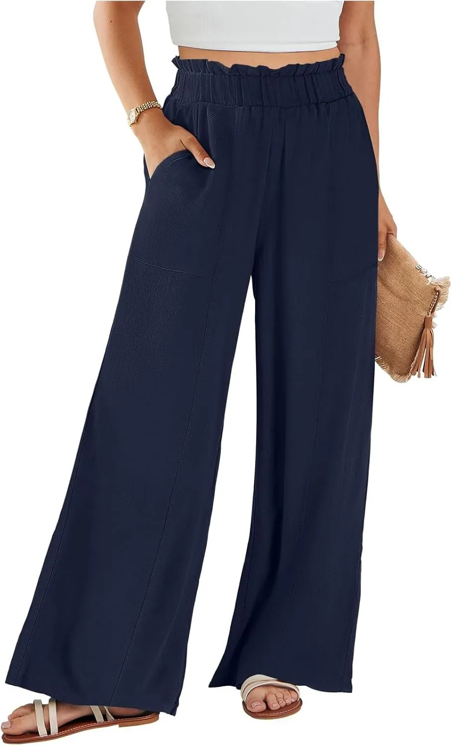 Linen Pants for Women Trendy Casual Trousers with Pockets Wide Leg Beach Palazzo Pants Ruffle High Waist Slacks
