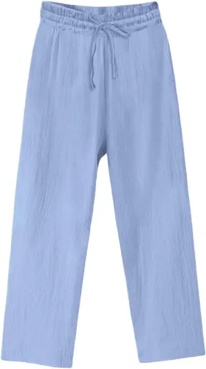Linen Pants for Women Wide Leg Baggy Drawstring Elastic Waist Palazzo Trousers Summer Beach Pants with Pockets