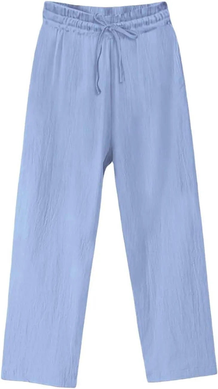 Linen Pants for Women Wide Leg Baggy Drawstring Elastic Waist Palazzo Trousers Summer Beach Pants with Pockets